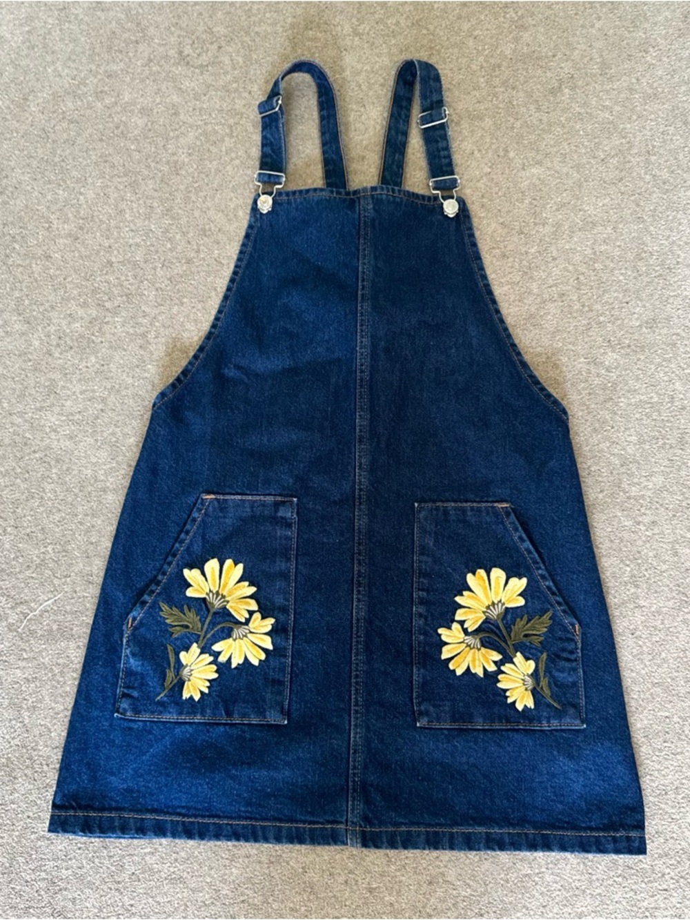 Denim Pinafore Dress with Yellow Daisy Embroidery